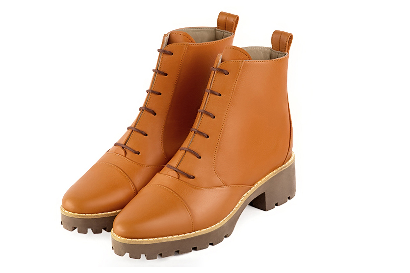 Marigold orange women's ankle boots with laces at the front. Round toe. Low rubber soles. Front view - Florence KOOIJMAN